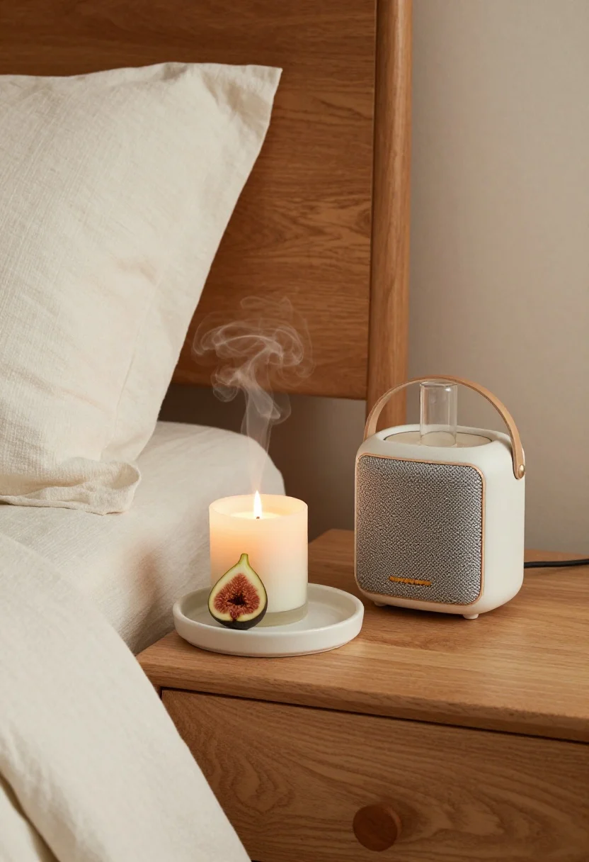 A cozy bedside vignette focused on sensory layers: a cedar-and-fig candle on a ceramic tray, a matte glass diffuser emitting a subtle mist, and a fabric-covered Bluetooth speaker on a wood nightstand; crisp linen bedding nearby; no harsh fan noise or synthetic scent references; warm, tranquil evening glow.