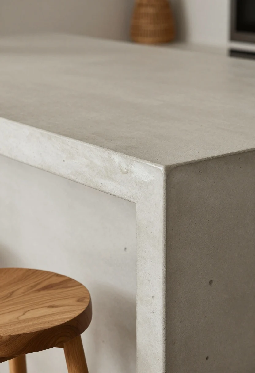 A detail shot of cast-in-place concrete countertops with subtle tint matching a neutral palette; close view of natural pores, hairline character, and a soft sheen from food-safe wax in prep zones; edges slightly eased; styled with warm wood bar stool seats and a woven pendant lightly out of focus; soft, indirect light accentuates texture, photorealistic.