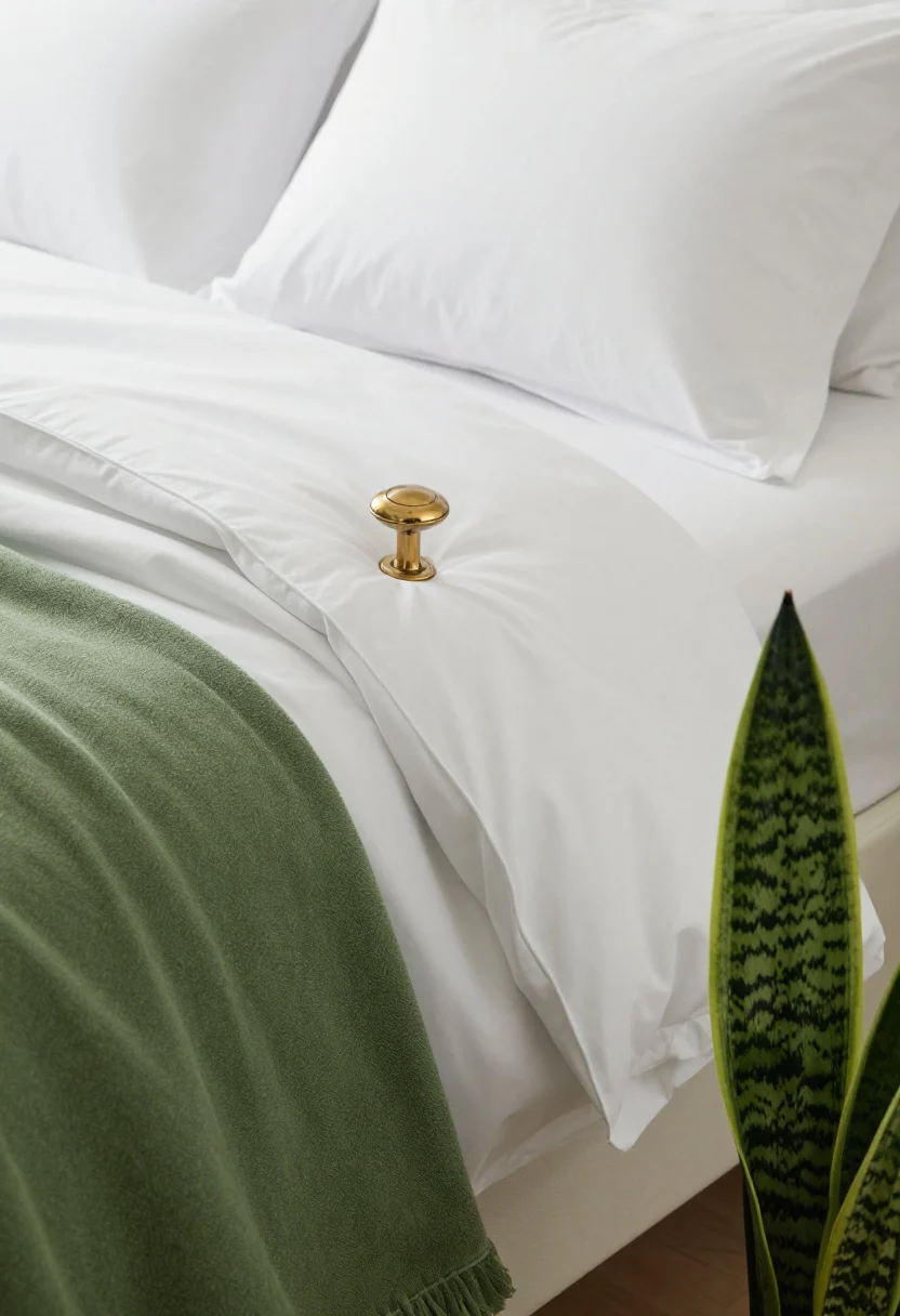 A detailed closeup of maintenance in action: freshly steamed linen duvet and pillowcases looking smooth and intentional, a lint-free lampshade, subtly dust-free aged brass knob gleaming, and a healthy snake plant leaf with rich green texture; folded throw at the bed’s foot; bright, clean daylight.