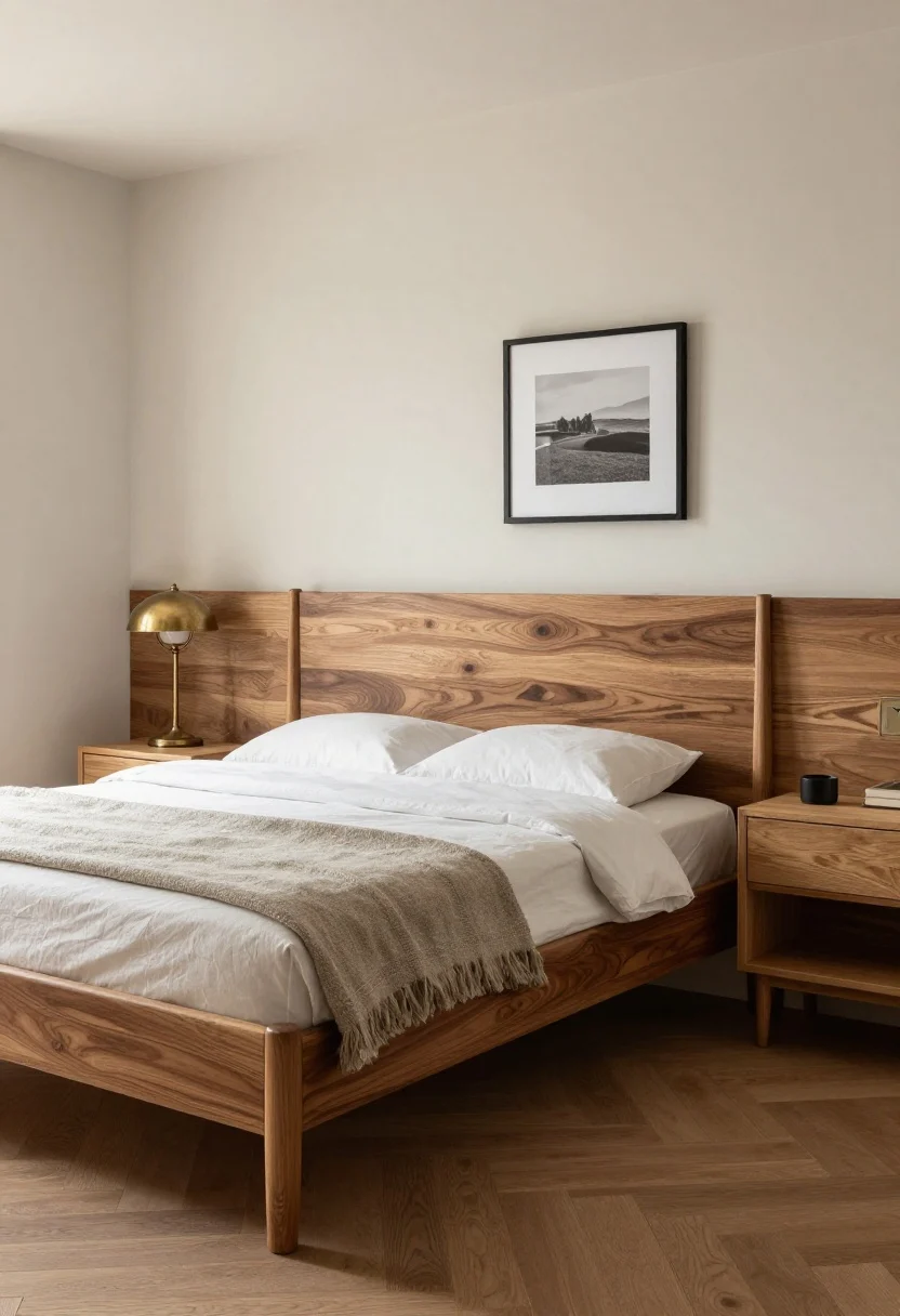 A medium shot mixing wood tones: a walnut platform bed as the hero wood, contrasted with lighter oak nightstands; undertones coordinated (all warm), with aged brass accents on a lamp and black iron picture frame to break up wood-on-wood; balanced palette, soft afternoon light highlighting grain and finishes.