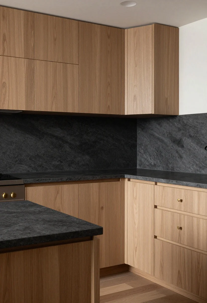 A medium shot of a cozy, heritage-leaning kitchen corner featuring deepening charcoal-gray soapstone countertops and backsplash with a soft, natural patina; warm brass or aged bronze hardware on creamy cabinetry; a butcher-block island visible for contrast; subtle scratches and oiled richness evident; moody ambient light with gentle highlights on the stone’s velvety surface, photorealistic.