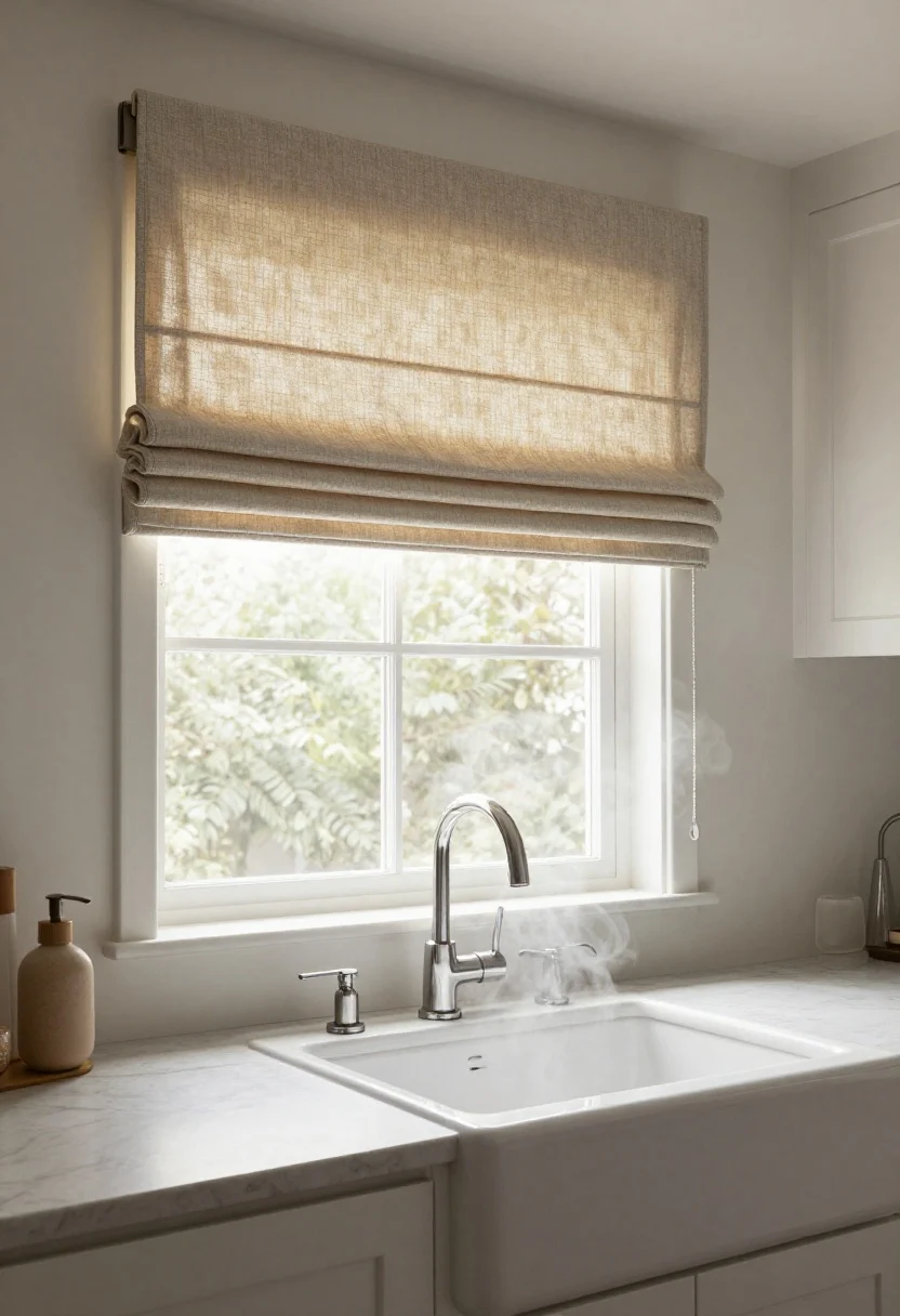 A medium shot of a kitchen sink window fitted with a fabric Roman shade: a relaxed Roman with a soft curved bottom in a tone that matches the hardware and countertops; light-filtering lining allows a warm glow without glare; the shade neatly folded above a steamy sink area, showcasing the textile; cordless mechanism hidden; clean, modern surfaces around; no people, photorealistic.