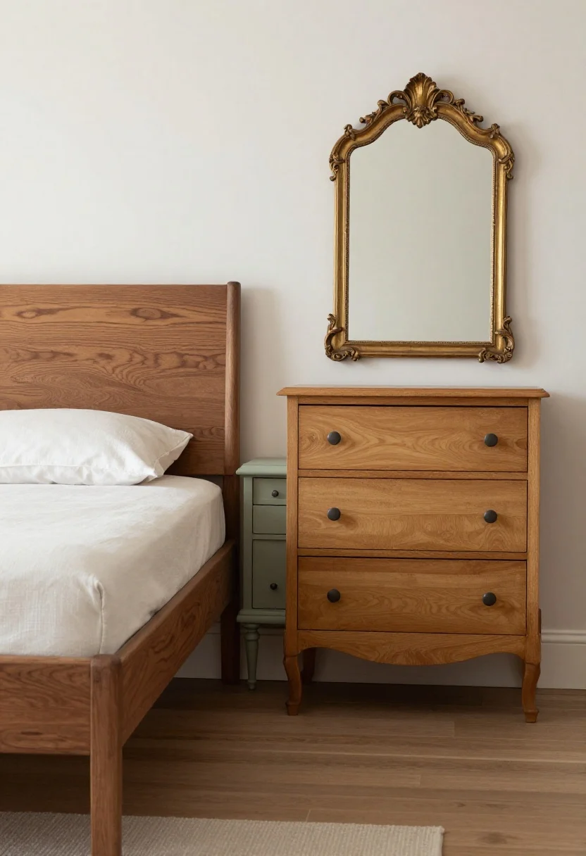 A medium shot showing a broken-up furniture set: a walnut bed as the anchor, one side with a painted sage-green nightstand, the other with a small vintage dresser in a contrasting lighter wood; an antique gilded mirror above the dresser adds character; mixed finishes (wood, painted, upholstered linen headboard) create depth; soft ambient lighting.