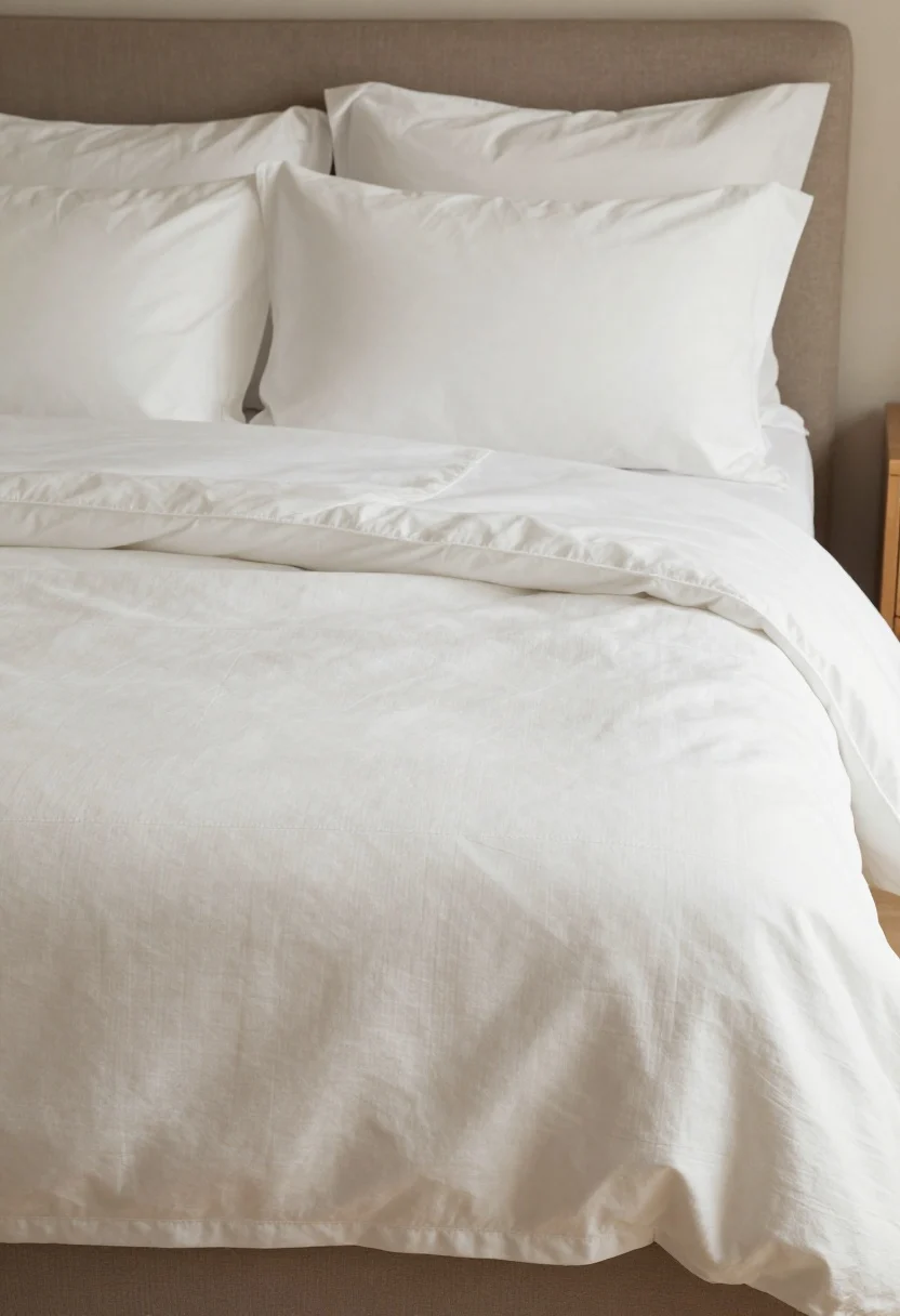 A medium, straight-on shot of a bed styled to avoid “bed-in-a-bag” shine: natural cotton percale sheets, a matte linen duvet in warm white, and a lightweight quilt neatly folded at the foot for a hotel finish; solids and a subtle pinstripe pattern on the quilt; no glossy microfiber, textures are matte and tactile under diffused daylight.