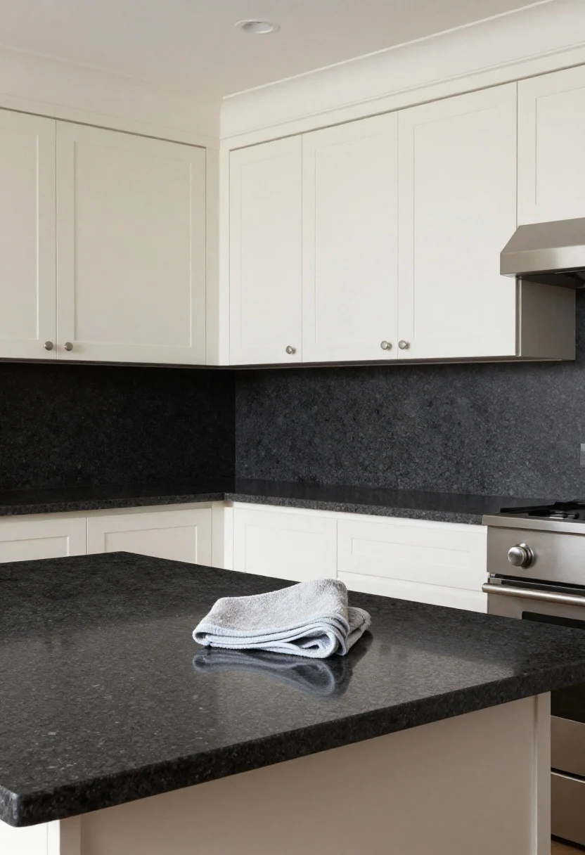 A medium, straight-on view of a kitchen run with honed or leathered granite countertops in deep charcoal, matte and velvety; minimal speckle with subtle movement; creamy shaker cabinets below for contrast; under-cabinet task lighting grazing the surface to reveal the honed texture; a clean, sealed look with a single towel and no clutter, photorealistic.
