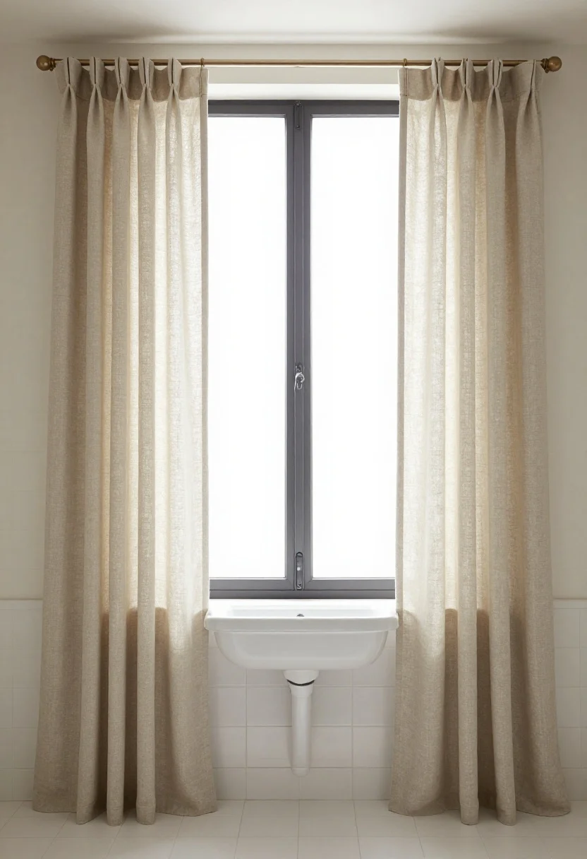 A medium, straight-on view of a Parisian-inspired sink window featuring tailored café curtains in crisp cotton-linen covering the bottom half, mounted mid-window on a thin café rod; the top half of the window is open to bright natural light; a simple matching valance creates symmetry without frills; soft shadows on white tile and a pared-back bistro vibe with minimal decor; no people, photorealistic.
