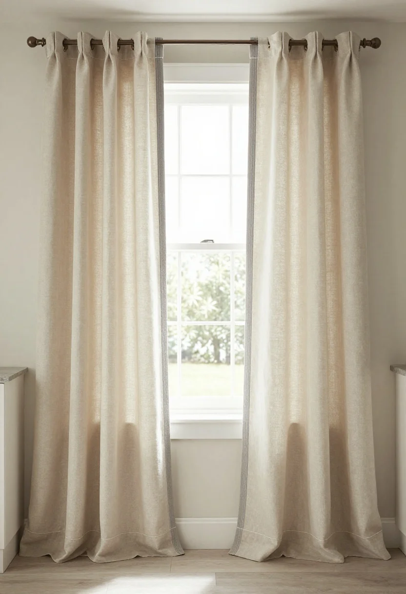 A medium, straight-on view of color-blocked curtains framing a cheerful kitchen window: base neutral panels in ivory or oatmeal with a crisp 2–6 inch accent band that echoes the island or grout color; vertical side bands to visually heighten the window and a tailored thick hem at the bottom; matte linen or cotton fabric under bright, even daylight; clean-lined rod above; no people, photorealistic.