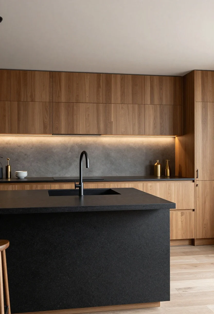 A moody-modern kitchen vignette with matte black counters (honed granite or soapstone) paired with warm wood cabinetry; integrated black sink for a seamless plane; under-cabinet LED strip lighting casts even task light and highlights the matte texture; brushed nickel or brass accents kept minimal; light walls keep the space from feeling cave-like, photorealistic.