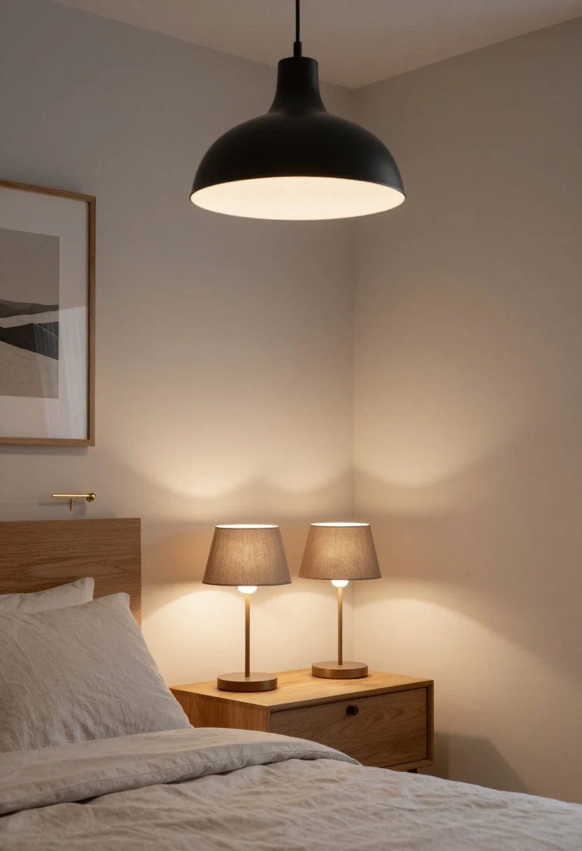 A moody, photorealistic medium shot of a bedroom corner showcasing layered lighting: a matte black overhead pendant on a dimmer casting a soft 2700K glow, paired with two matching 26-inch bedside lamps at seated eye level on natural wood nightstands, plus a slim brass picture light above framed art; warm LED bulbs (2700–3000K) create a cozy ambience, with soft shadows on linen bedding and a neutral wall, no people, straight-on angle.
