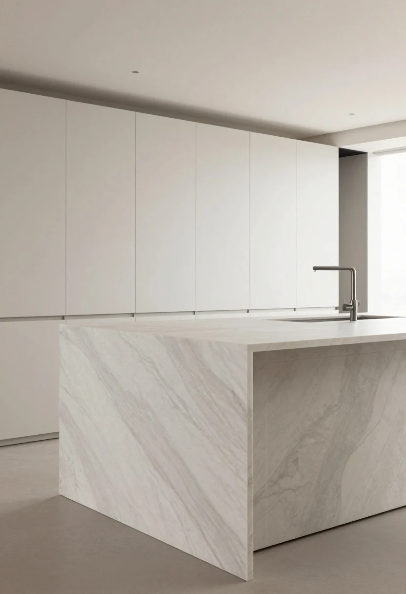 A sharp, contemporary medium shot of a porcelain slab island with an ultra-thin 12mm profile and mitered edges that fake a thicker look; soft, understated marble-look patterning; nearly seamless surfaces continue into a waterfall side; minimal modern cabinetry and linear lighting emphasize the sleek silhouette; bright, even illumination, photorealistic.