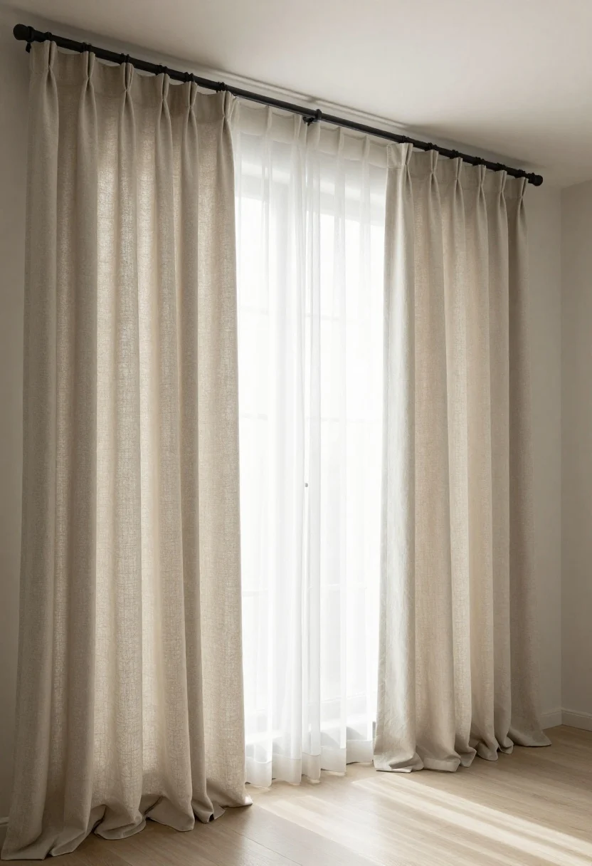A straight-on wide shot of windows dressed with layered treatments: ceiling-high matte black curtain rods mounted 10 inches above the frame and extending 10 inches past each side; floor-length linen-blend blackout panels in soft oatmeal that barely kiss the floor, paired with white sheers behind; no shiny polyester, bright morning light filtering through sheers for a luxe, soft look.