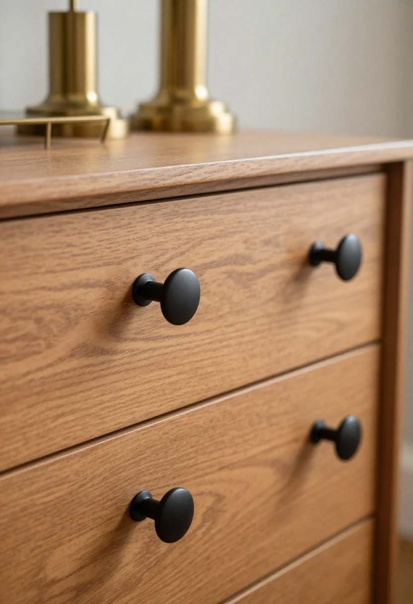 A tight detail of upgraded hardware on a dresser: long matte black bar pulls replacing builder-grade knobs on a warm oak dresser, with matching aged brass repeated on a nearby tray and lamp finial for a considered look; the elongated pulls feel substantial; side-angled closeup with shallow depth of field.