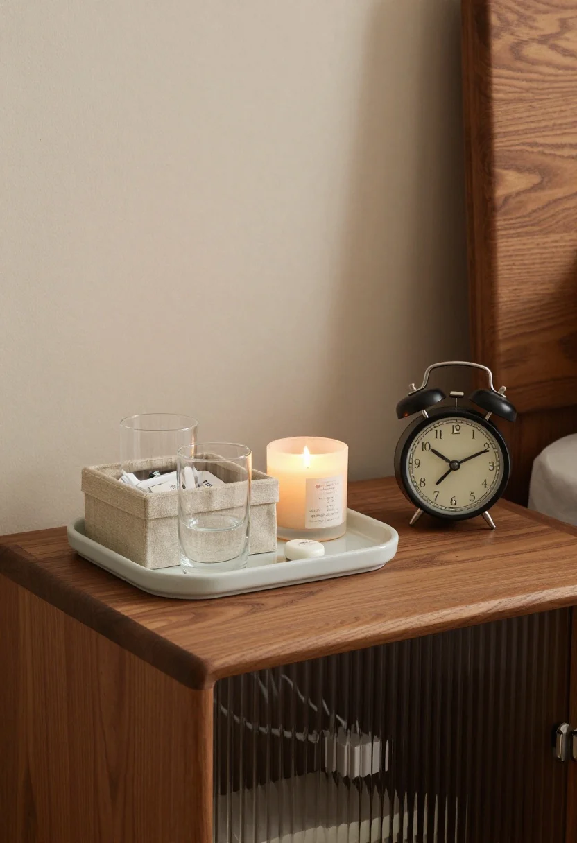 A tight vignette of a nightstand styled for minimal visual noise: a low-profile walnut nightstand with a small ceramic tray corralling glasses and a lip balm, a lidded linen-covered box hiding clutter, a single candle, and a petite matte black alarm clock; discrete cord clips guide a phone charger behind the table; cables hidden via a cord cutout, warm bedside lamp glow.