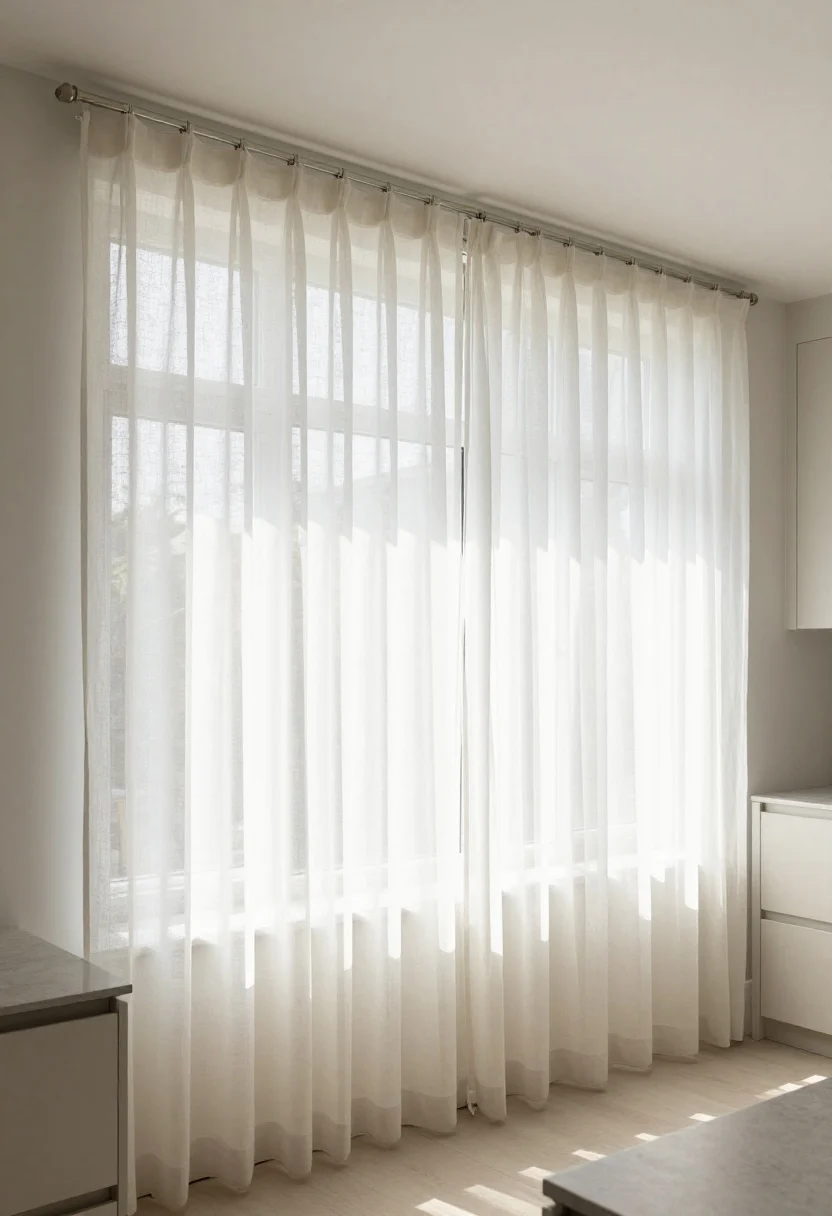 A wide, bright, north-facing kitchen with small windows dressed in sheer white-to-ivory linen-blend panels, hung higher and wider than the frames on lightweight rods with simple ring clips; soft morning daylight floods in, gently diffused, making the ceilings feel taller and the windows larger; neutral cabinets and countertops provide a clean, airy backdrop, with the sheers’ subtle texture visible in the glow; no people, photorealistic.