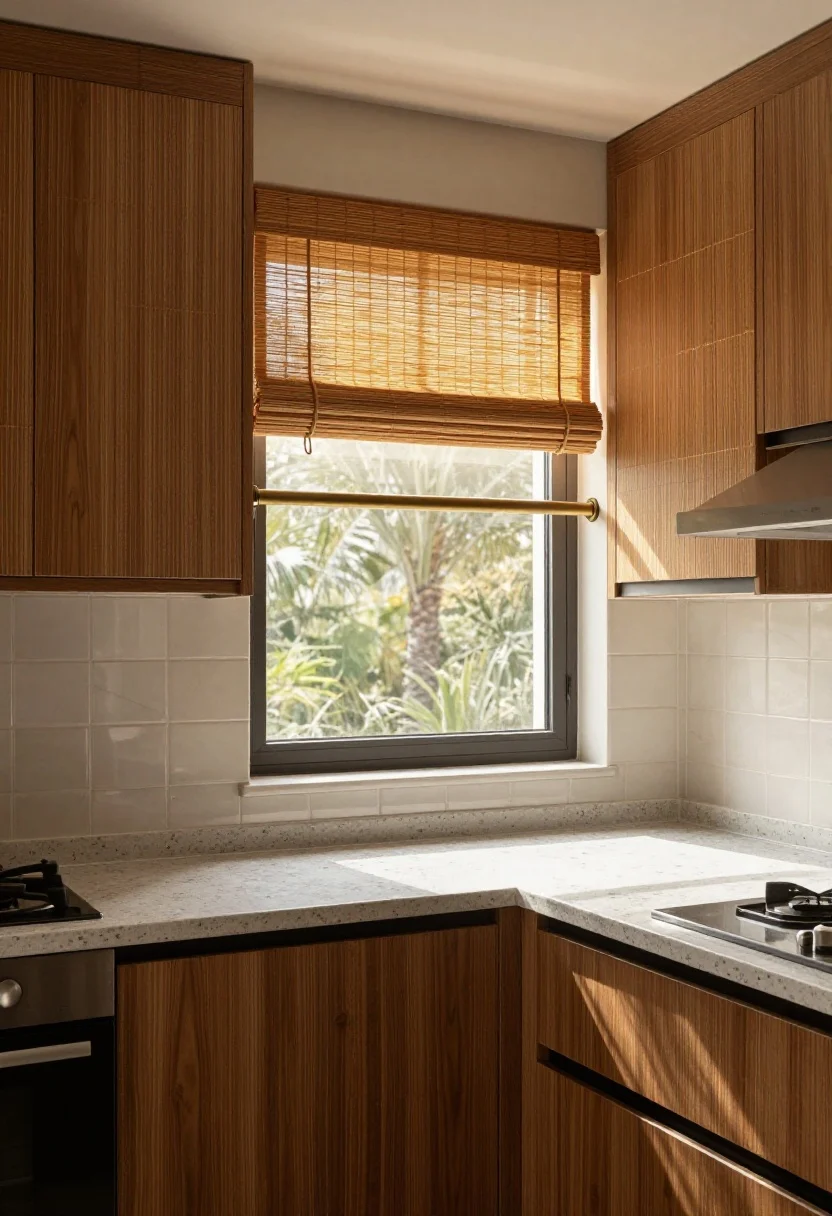 A wide corner angle of a kitchen window layered with a warm-toned woven bamboo shade for function and stationary fabric panels flanking each side; the panels do not close, serving as textured color accents; a warm brass or matte black slim decorative rod coordinates with the wood tone of the shade; glossy tile or quartz counters contrast with the natural weave; late-afternoon light casting depth and shadows; no people, photorealistic.