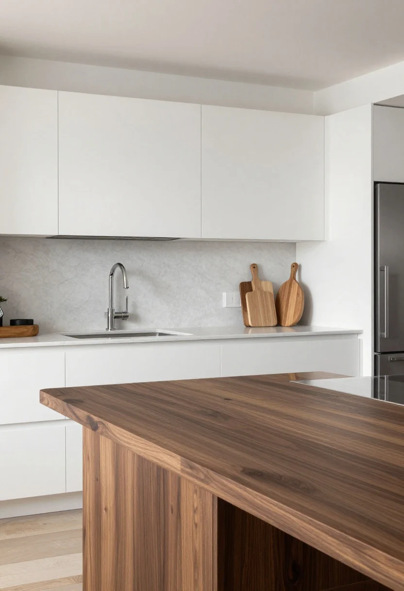 A wide designer kitchen showcasing mixed materials: quartz perimeters in soft white, a walnut wood island top for warmth, and a stainless inlay near the sink; a soapstone slab behind the range creates a moody focal zone; slim bar pulls unify finishes; oversized cutting boards and heat-proof trivets styled intentionally; balanced natural and task lighting, photorealistic.