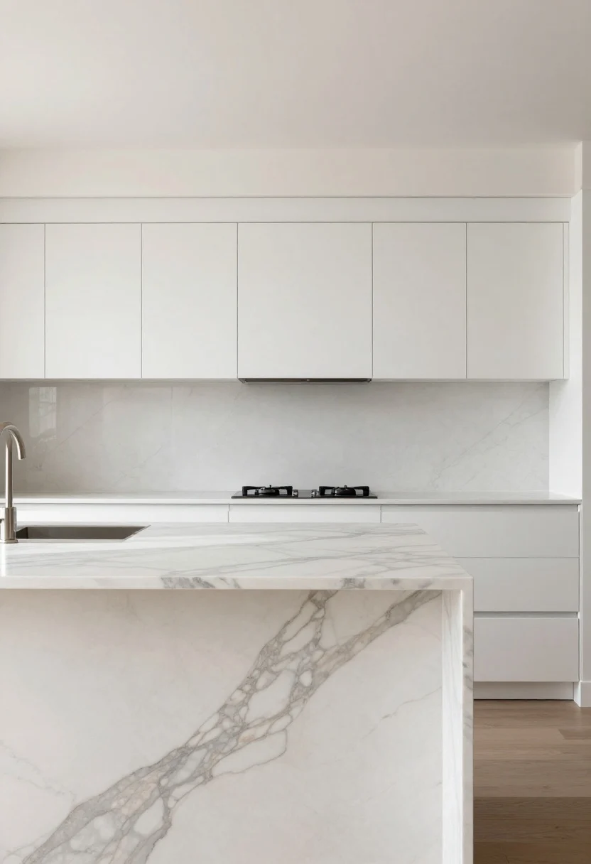 A wide, modern kitchen with simple flat-front cabinets in soft white and a large island featuring veined quartz with bold gray and taupe marble-like veining; bookmatched waterfall edges on the island create an art-gallery moment; the countertop has a matte honed finish that softly diffuses daylight from a nearby window; the backsplash is minimalist and quiet to avoid pattern wars; include gentle-matte sealant sheen and clean lines, no clutter, photorealistic.