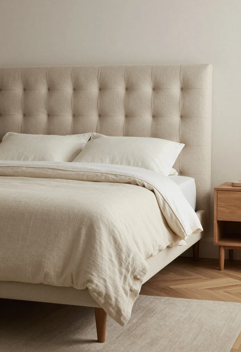 A wide shot of a bed with an elevated frame: a linen upholstered, channel-tufted headboard and a wood platform base with visible tapered legs; no flimsy metal frame or ruffled skirt; bedding in matte cotton-linen; optional view of a neatly tailored box-pleat linen skirt on an adjacent bench to demonstrate the acceptable skirt style; calm, modern mood lighting.