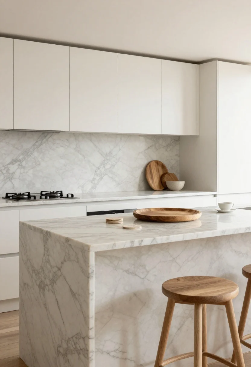 A wide shot of a European café-inspired kitchen island in honed Carrara marble with soft, creamy tones and subtle gray veining; gentle patina and faint etching embraced; perimeters in complementary quartz for practicality; deep front overhang on the island with stools tucked in; styled with coasters and an oversized wooden serving board; daylight creates a calm, lived-in glow, photorealistic.