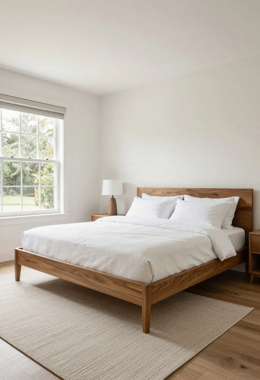 A wide shot of a polished bedroom with a queen bed anchored by a correctly sized 8x10 flatweave rug in a low-pile neutral pattern; the rug begins under the lower two-thirds of the bed and extends 20 inches beyond the sides and foot; crisp white bedding, walnut bed frame, and balanced nightstands; clean lines and an airy feel emphasize scale and placement, natural daylight.