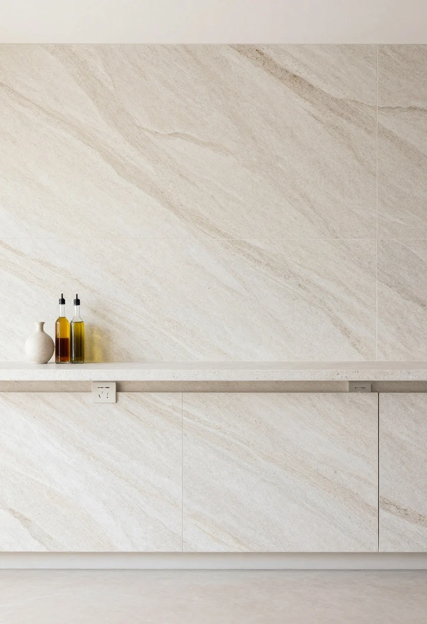 A wide, straight-on view of a continuous stone sweep: the same veined quartz slab runs from countertop up the wall as a full-height backsplash; 2–3 cm thickness for clean transitions; under-cabinet plug strips hide outlets; a slim ledge shelf holds a tiny vase and cooking oils; decor kept edited to let the slab’s pattern set the palette; bright, even daylight, photorealistic.
