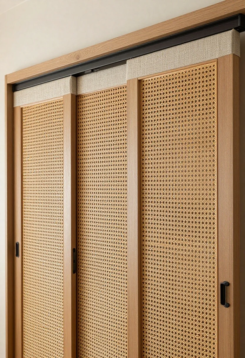 Closeup detail of sliding panels concealing a TV: oversized cane-woven doors on bypass hardware gliding in front of the screen; soft-close track visible at the top, linen-wrapped frame edges, acoustic fabric lining hinted through openings; discreet ventilation grills integrated below; warm, textural materials, side-lit for depth, photorealistic.