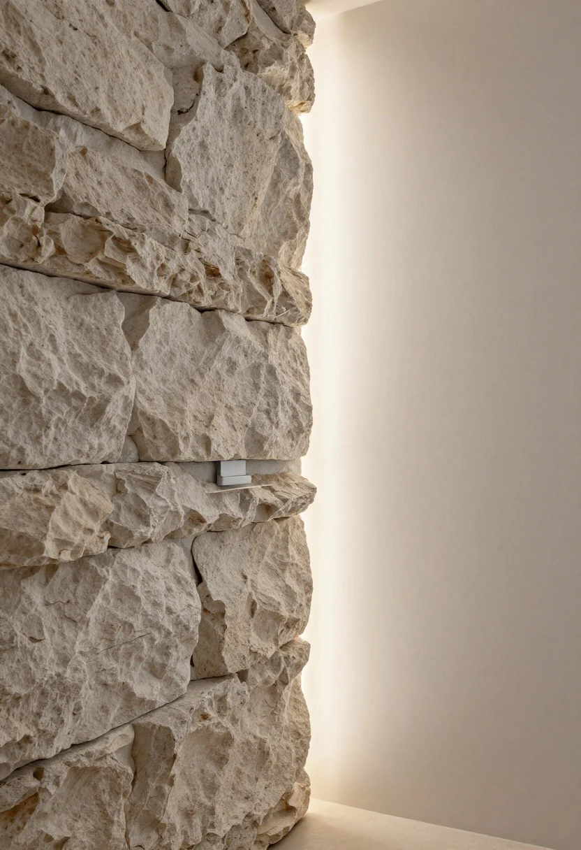 Closeup detail of wall lighting techniques: tight “grazing” along a rough stacked-stone wall using a linear wall grazer mounted close to the surface to pull out depth and texture, adjacent area showing a soft “wash” over smooth stucco via a wide-beam floodlight placed farther out; beams subtly overlap to avoid hot spots; include a section of path receiving a gentle wash to pop its edges; warm white color temperature; textures: rugged stone ridges versus velvety stucco; perspective: oblique angle skimming along the wall to emphasize contrast between graze and wash, photorealistic.
