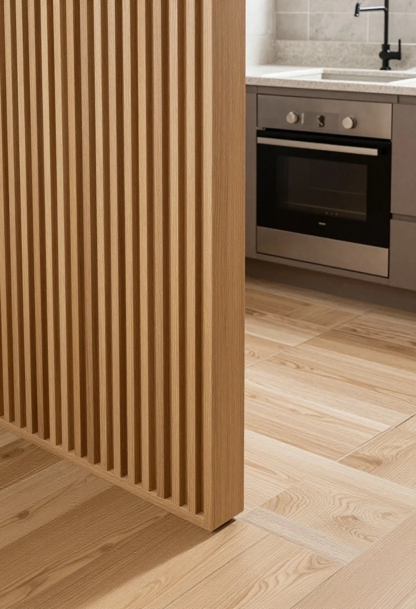 Closeup of vertical slatted wood accent panel beside a coffee zone, sealed with matte polyurethane for splash resistance; adjacent area shows wood-look porcelain tile near the sink for practical maintenance; tone matched to the light oak floor for cohesion; a stone countertop edge for contrast; soft morning light emphasizing grain and slat shadows; detail perspective from slightly above
