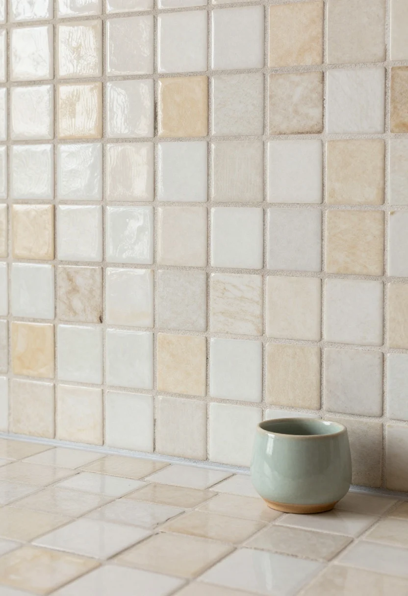 Closeup texture study of handmade zellige tiles in mixed tones of warm whites, creams, and sands; slightly uneven edges, tight grout joints in a matching neutral; soft natural light grazing the surface to reveal ripples and glaze variation; a muted sage ceramic utensil crock at the counter corner for color cue; calm, old-world artisan mood, straight-on close detail