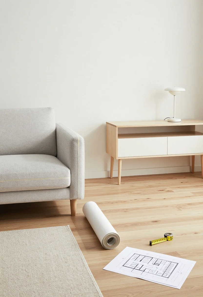 Conclusion vignette detail: overhead detail shot of painter’s tape marking prospective sofa positions on a light wood floor beside a rolled low-contrast rug and a slim console table; a cordless lamp, measuring tape, and floor plan sketch convey easy experimentation; soft, diffuse daylight, clean minimalist styling