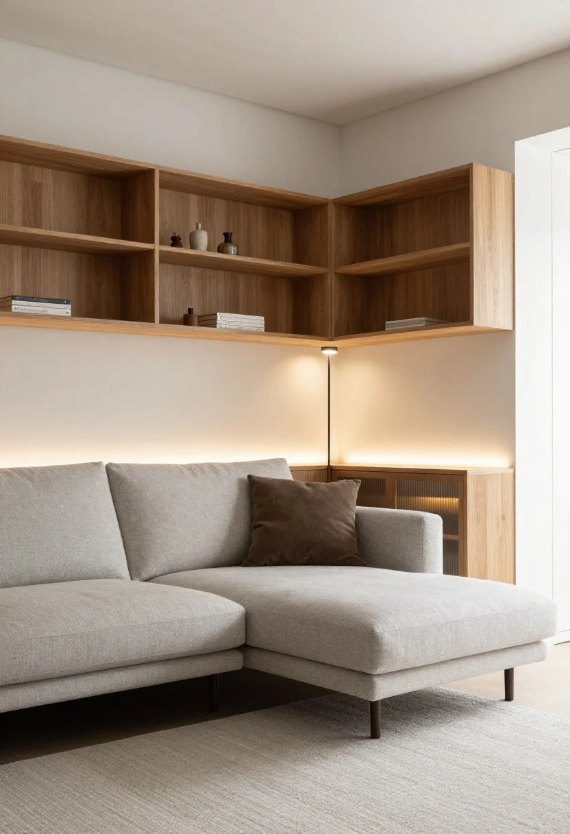 Corner-angle wide shot of a living room layout that lets light flow: the sofa floated a few inches off the wall with a slim uplight or sleek floor lamp tucked behind it creating a halo; furniture with visible legs and low profiles so light skims under; open light-wood shelving with curated objects and tiny puck lights under each shelf; a media unit with ribbed glass doors that softly scatters light. A generously sized area rug grounds the room, reducing harsh contrast lines.