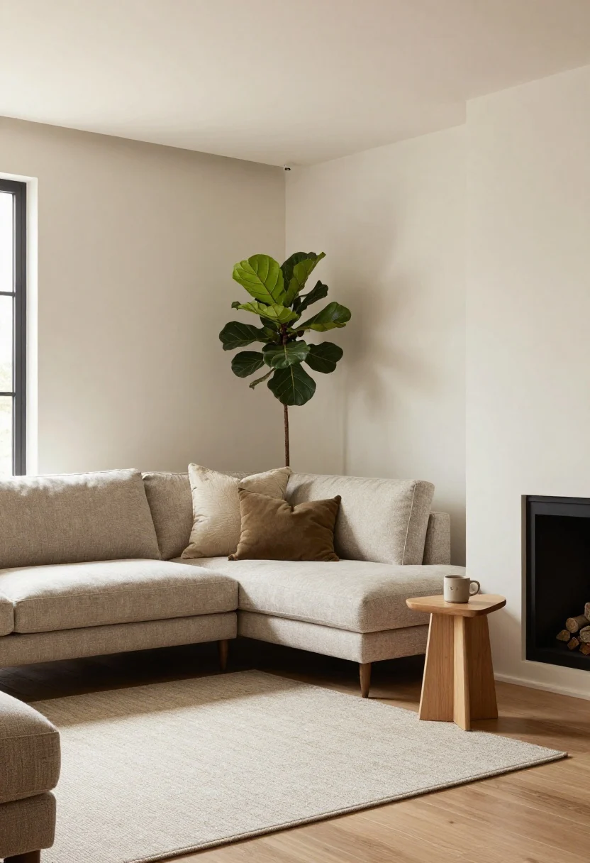 Corner-angled layout in a cozy living room: a sofa set at a subtle 15-degree diagonal aimed toward a corner fireplace; a tall floor lamp and a leafy fiddle-leaf fig occupy the negative space behind the sofa; a small triangular side table with a ceramic mug tucks into the angle; low-contrast rug, soft morning light, wide shot from the room’s entry to highlight the extended diagonal depth