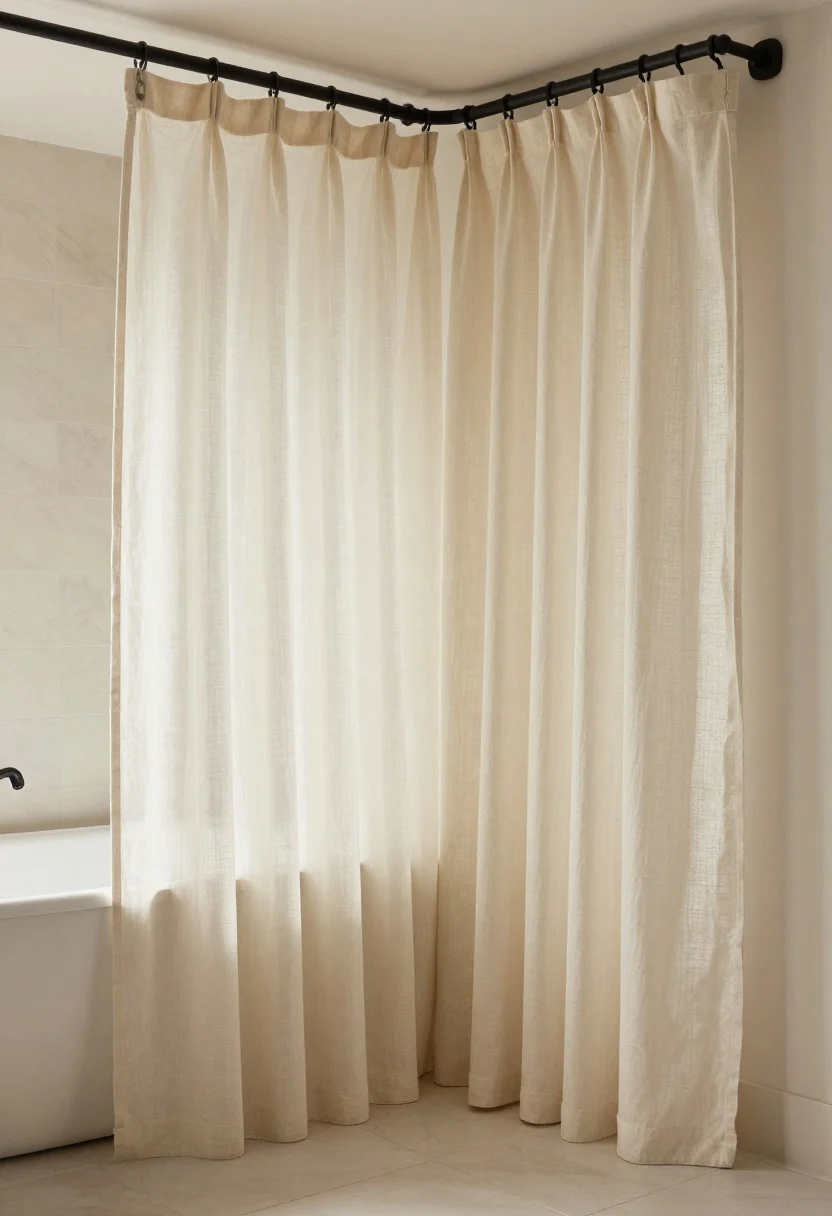 Corner wide shot of a tub/shower showcasing an upgraded curtain setup: a double-layer look with a clear weighted liner inside and a linen or heavyweight cotton fabric curtain outside, extra-long and raised 4–6 inches higher so it just kisses the floor. A matte black curved rod and matching rings add presence; show steam-kissed tiles for realism. Lighting is bright yet warm. Emphasize crisp, freshly laundered fabric, no mildew, and a boutique-hotel vibe.