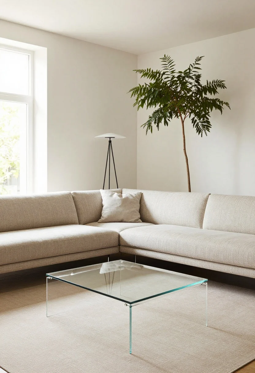 Cornered couch layout: sofa tucked into a corner to free the center floor; a glass or acrylic coffee table keeps sightlines open; leggy furniture throughout, with a tall, slim tripod lamp and a narrow faux tree in the opposite corner to balance weight; light, airy textures, late-afternoon light, medium shot from across the room