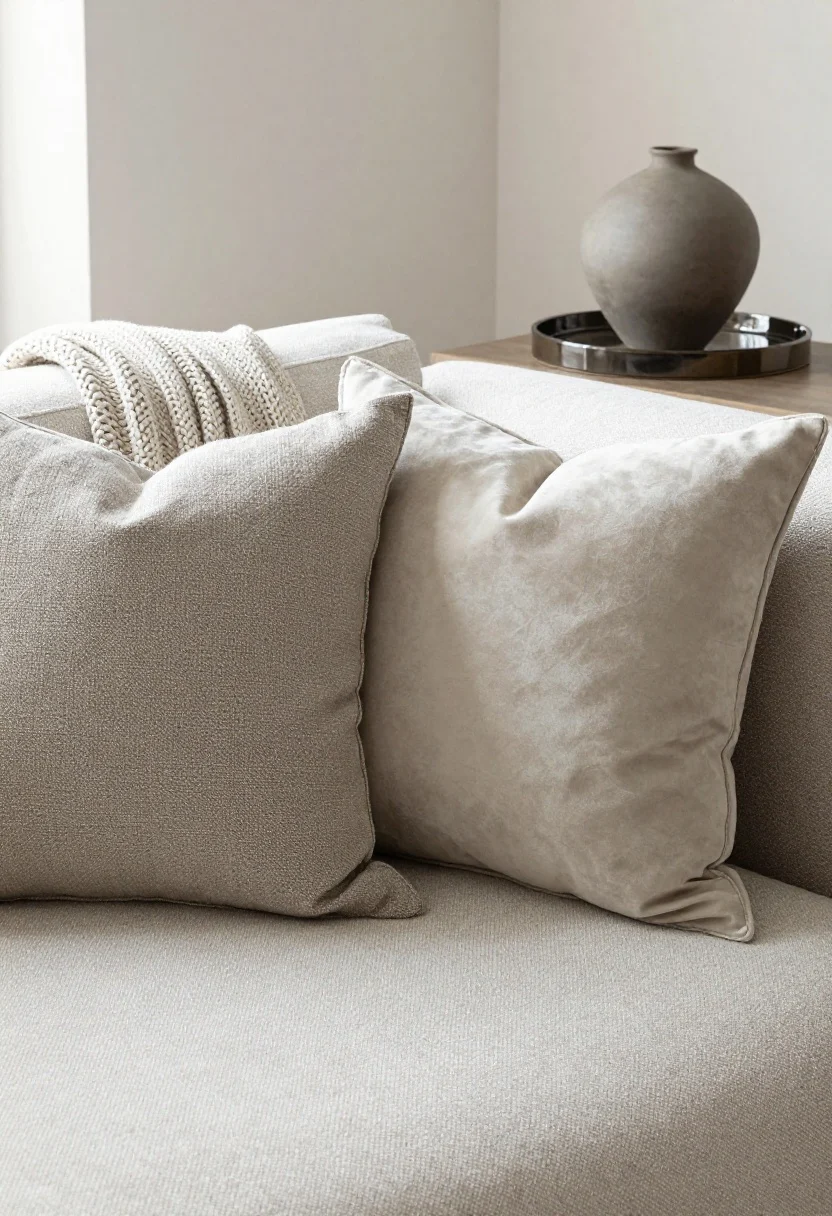 Detail closeup: A stylist-layered texture vignette on a sofa corner—slubby linen pillow next to a plush velvet pillow, draped with a chunky knit throw; nearby, a matte ceramic vase sits beside a glossy lacquer tray atop a cotton or wool-blend rug. Natural side lighting rakes across the materials to emphasize texture contrast, avoiding shiny synthetics on large surfaces.