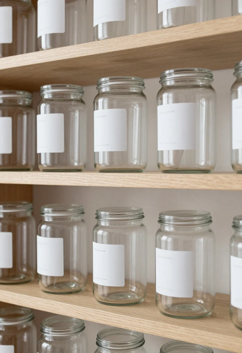 Detail closeup: A tidy shelf styled with uniform clear and softly tinted canisters—airtight jars for powder with scoops, flip-top pump bottles for liquid detergent—each with minimalist waterproof labels; labels aligned to reduce visual noise; smooth glass and BPA-free plastic textures against a light wood shelf; serene neutral palette; soft, controlled studio-like lighting to highlight reflections and clarity; straight-on, cropped composition.