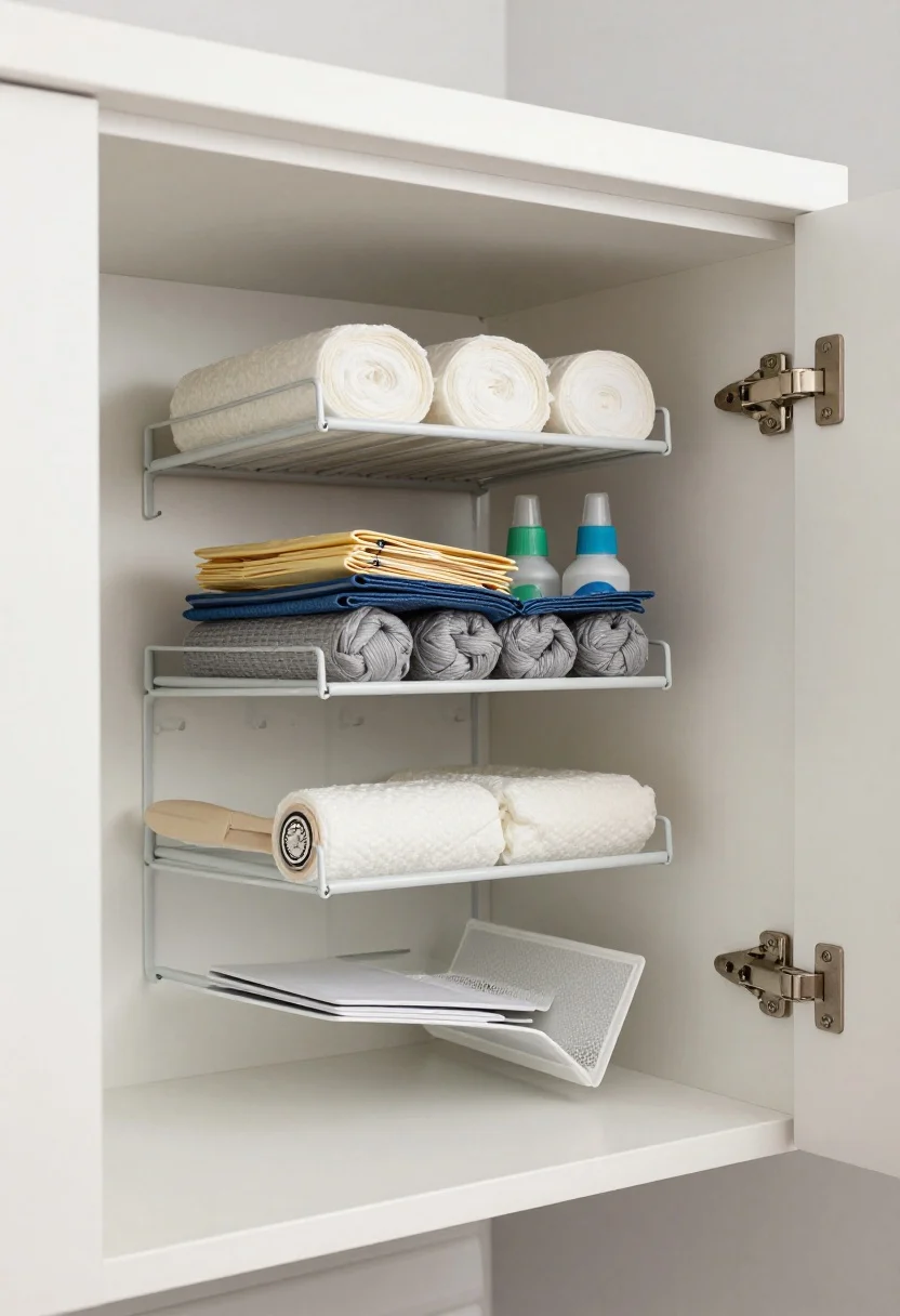 Detail closeup: Inside a cabinet door showing low-profile slim racks mounted on the back, neatly holding dryer sheets, stain remover bottles, and a stack of clothespins; adhesive hooks below support a lint roller, folding board, and a small mesh pouch; white cabinet interior with soft-close hinge, pale gray wall beyond; crisp, diffused lighting; close, slightly angled perspective focused on the clever inside-the-door storage.