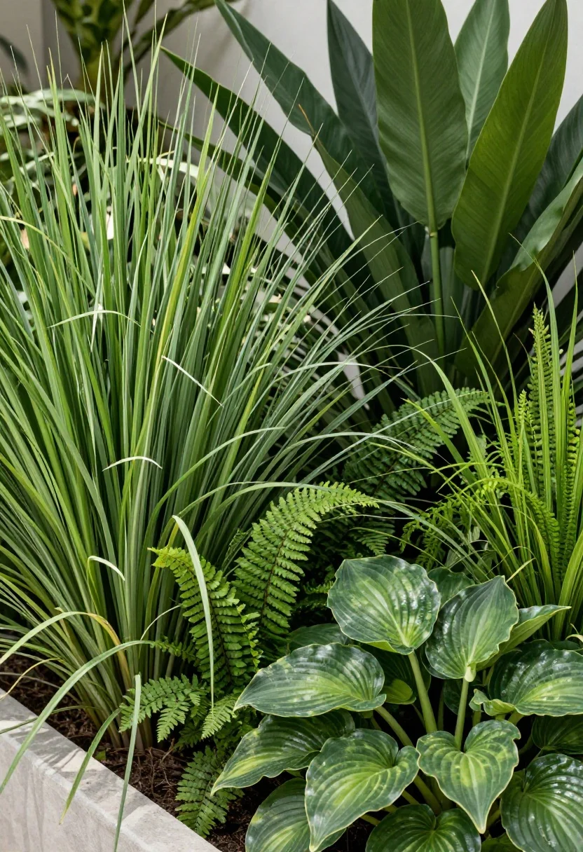 Detail closeup of foliage-first textures: a layered planting bed showing one-third fine, one-third medium, one-third bold leaves. Fine: airy ornamental grasses; medium: ferns and salvia; bold: hostas and elephant ears. Contrast glossy versus matte, spiky versus soft, upright versus cascading. A green-dominant palette reads luxe with movement—sunlight catching grass blades and subtle shadows emphasizing leaf ribs and edges.