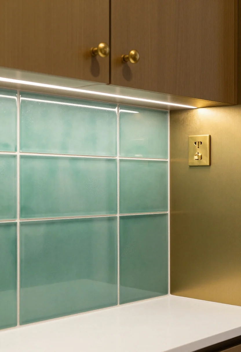 Detail closeup of glossy glass tiles with elongated rectangular format in a soft sea-glass green, warm brass outlet cover and matching brass cabinet pulls nearby, under-cabinet LED strips casting a luminous glow and reflections across the tile, subtle fingerprints minimized by a lightly textured surface, white quartz countertop edge entering frame, mood bright and jewel-box modern, straight-on macro perspective