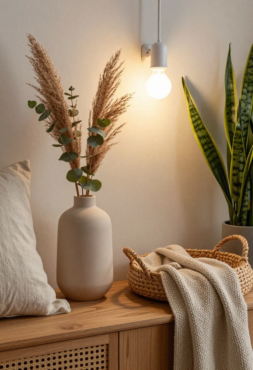 Detail closeup of “life” without sun: a matte ceramic vase with high-quality faux eucalyptus and pampas stems on a wood console, next to a woven basket and boucle throw draped over the edge. Include a low-light champ plant (ZZ or snake plant) nearby, lit by a discreet warm-spectrum LED grow bulb in a stylish clamp light so it reads like decor, not a lab. Emphasize tactile textures—linen pillow corner, wood grain, woven fibers—under soft, warm lamp light.