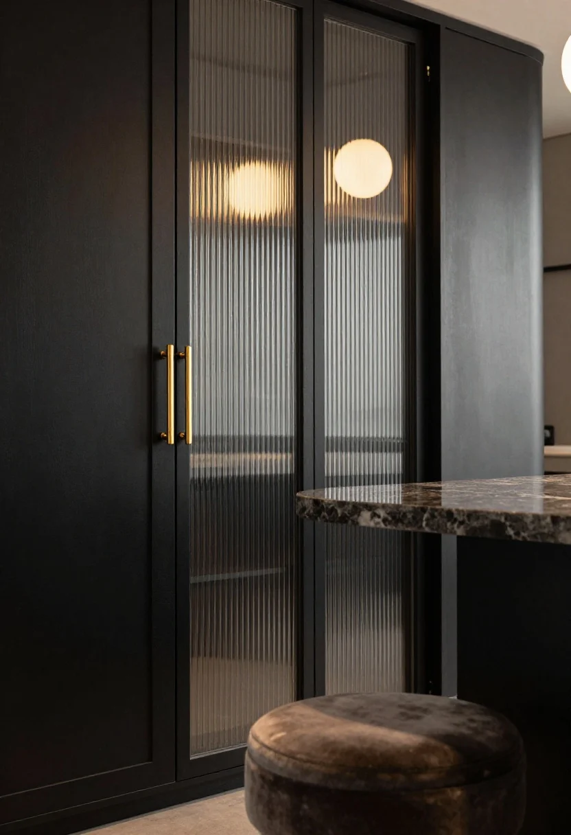Detail closeup of luxe materials: matte black cabinet front with antique/brushed brass pull, ribbed (reeded) glass cabinet door panel beside it, and honed stone counter edge; in soft, warm lighting with reflections from a pair of milky globe pendants out of focus; a curved form hinted in the background (rounded island corner), plus a velvet-upholstered stool seat edge for tactile richness.