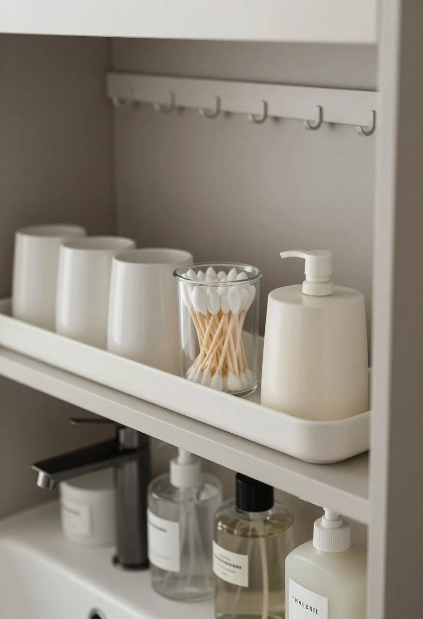 Detail closeup of streamlined storage on a compact countertop and slim floating shelf: matte ceramic and clear glass canisters decanting cotton swabs, bath salts, and hand soap, all on a single chic tray. Below the sink (visible with cabinet door open), uniform labeled containers hold skincare. Replace over-the-door clutter with a minimal hook rail out of focus in the background. Neutral palette, matte textures, and clean lines; soft, diffused lighting to reduce visual noise and emphasize intentional organization.