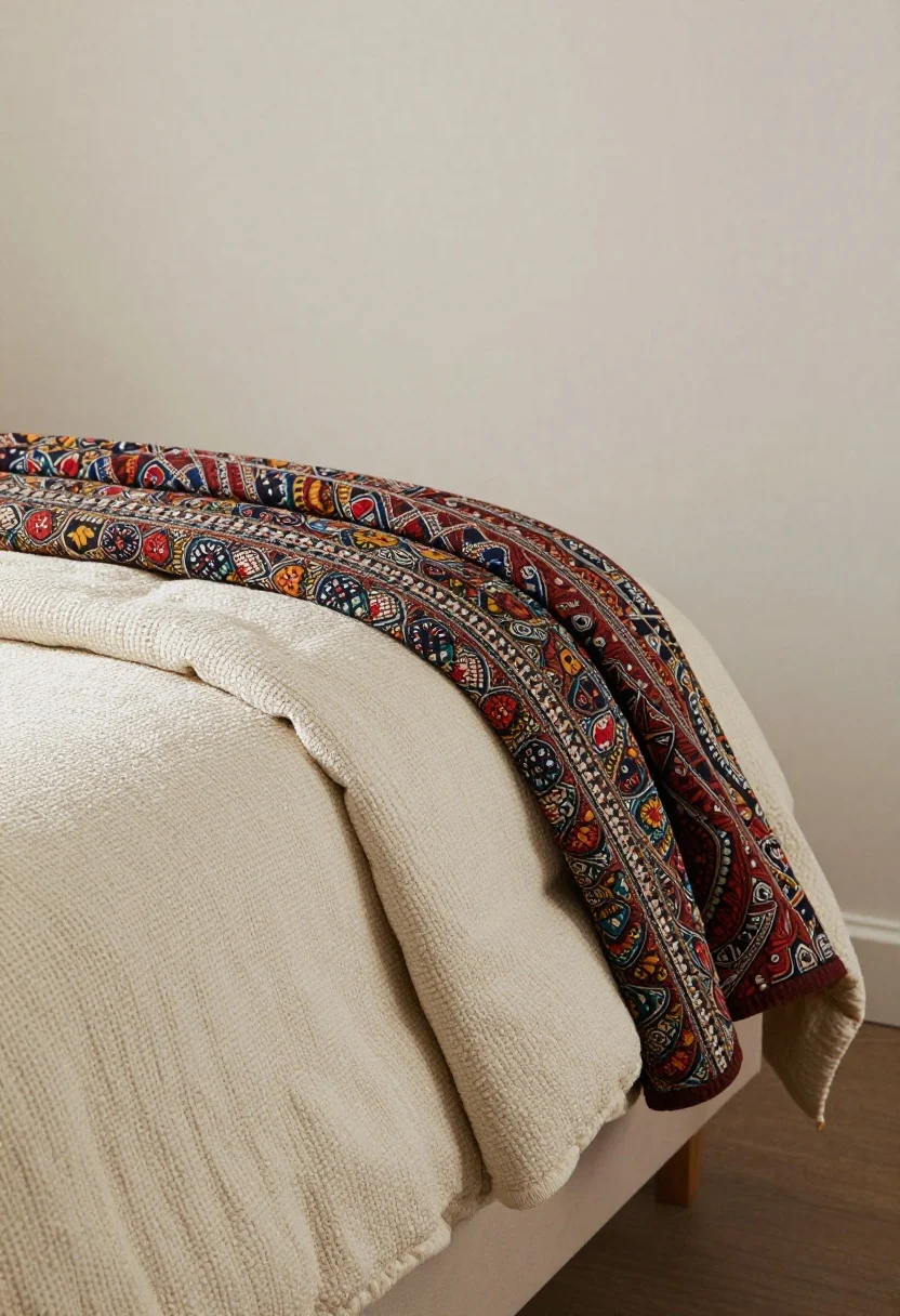 Detail/closeup, side angle: a textured throw or quilt draped high at the top of the bed, nearly touching the wall, acting as a relaxed visual headboard. Feature options: a chunky knit or bouclé in soft cream for depth, a kantha or suzani textile adding pattern and rich color, or a weighted quilt folded into a wide, crisp band at the top edge. Sheets are tightly tucked for a tailored look. Natural daylight grazing across the fabric to showcase weave and texture; minimal distractions.