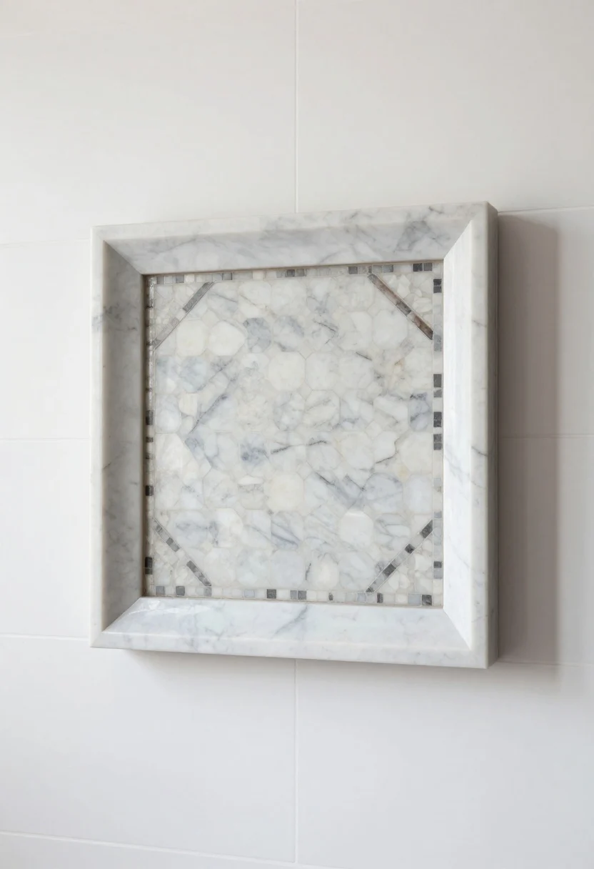 Detail shot of a framed marble mosaic “jewel” panel over the range: small hex Carrara and Bardiglio mix for subtle contrast, bordered with a marble pencil trim and a shallow chair-rail profile; soft task lighting highlighting the mosaic; surrounding field tile is simple large-format white to keep focus on the panel; sealed stone with a gentle sheen; tight, straight-on framing on the mosaic