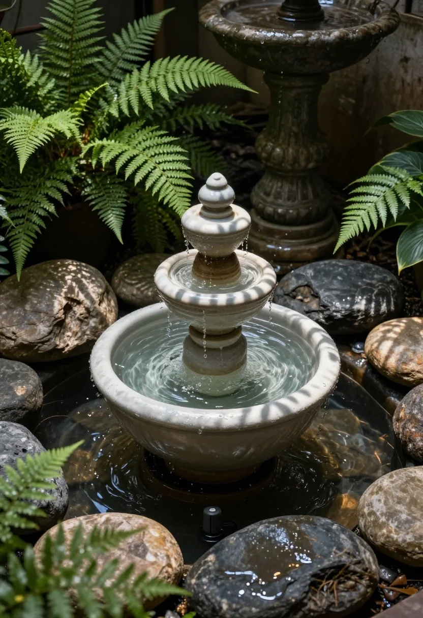 Detail shot of a tiny water feature: a stacked-pot bubbler fountain nestled in a shady nook, encircled by smooth river rock and soft ferns. Gentle ripples glisten on the ceramic pot under dappled shade; a discreet, simple pump setup visible at the base. Nearby a classic birdbath sits partially framed by hostas. The scene feels tucked-in and intentional, captured in soft, cool light with water reflections on surrounding stones.