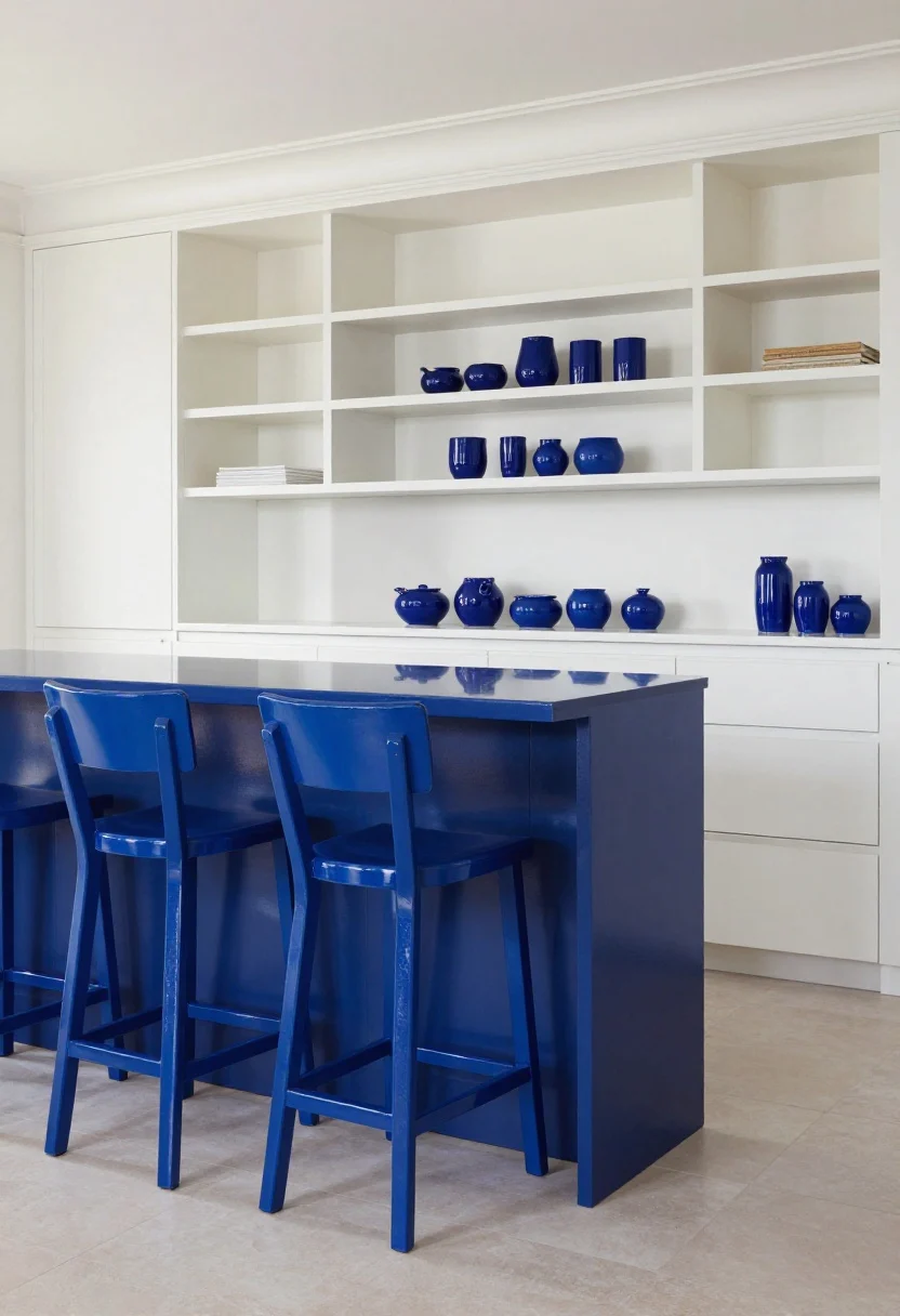 Detail shot of electric/cobalt blue accents used strategically: a punchy cobalt-painted island base with glossy finish reflecting light, paired with neutral white surrounding cabinetry and simple finishes; a trio of cobalt bar stools with clean lines; open shelves styled with cobalt ceramic pieces that read like art; bright, crisp lighting that makes the blue sing while the rest stays muted; no people.