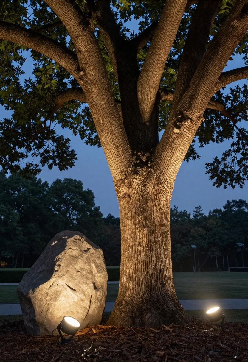 Dusk closeup detail of dramatic uplighting on a mature tree trunk and adjacent stone sculpture; small adjustable spotlights and an in-ground well light with glare shields tucked low and slightly forward to avoid visible bulbs; mix of narrow beam highlighting a tall, narrow trunk and a wider beam grazing a fuller canopy; layered intensity with brighter output on the hero tree and softer light on a supporting boulder; textures: rough bark, chiseled stone, moist mulch; warm-neutral LEDs, minimal spill; perspective: low-angle upward view emphasizing carved texture and height, photorealistic.