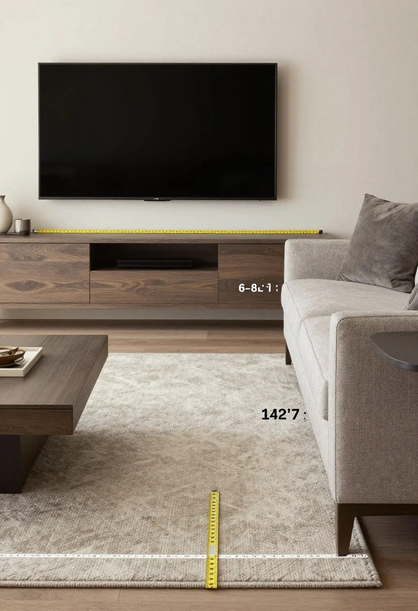FAQ closeups trio (single composite-feel prompt): - Closeup of a TV wall with measuring tape showing 6–8 feet from a sofa cushion edge, eye-level alignment indicated subtly - Overhead detail of an oversized rug leaving an 8–12 inch floor border with front sofa legs on the rug - Side view closeup of a sofa arm with a side table 1–2 inches lower and an 18-inch gap to a coffee table Natural, even lighting, photorealistic textures, no people