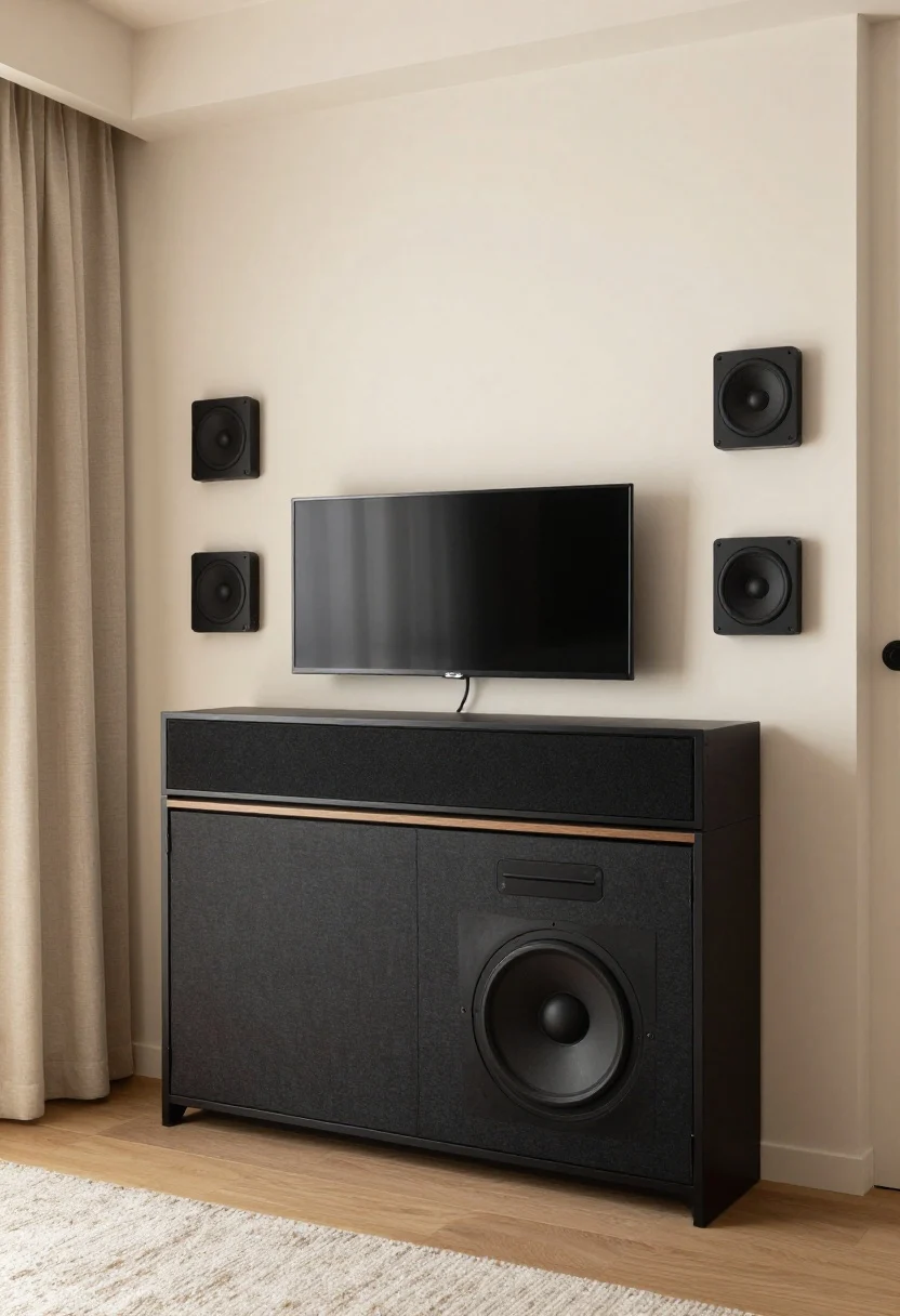Medium closeup of integrated sound solutions: a TV with a black soundbar exactly 3 inches below, flanked by discreet in-wall speakers painted to match; a vented cabinet door with fabric-front panel hiding a subwoofer; a plush rug and linen curtains visible to suggest acoustic treatment; clean cable management, warm ambient lighting, photorealistic.