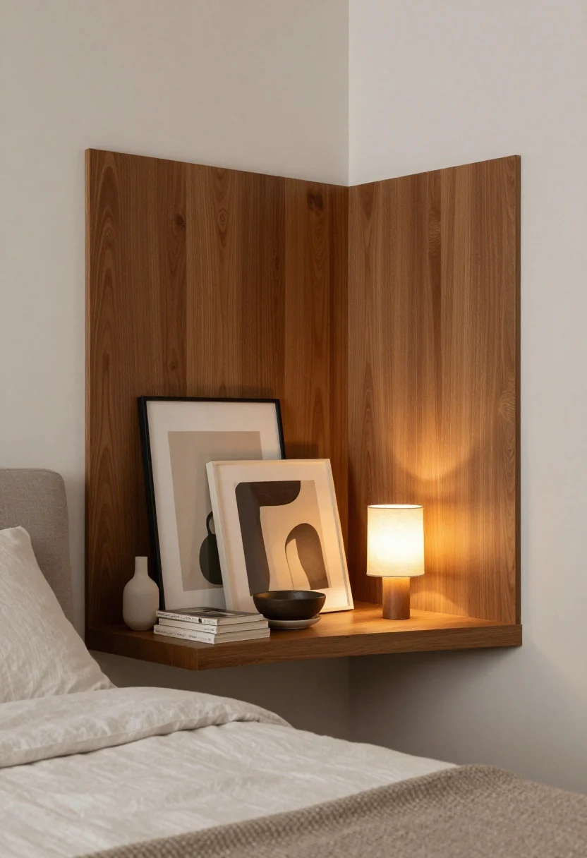 Medium, corner-angle shot of a slim picture ledge installed behind the bed, acting as a backdrop. The narrow shelf, color-matched to the wall or in warm wood, holds layered art leaning casually (varying sizes), a few low objects like bud vases, a small bowl, and short stacks of books, all kept under 12 inches tall. Include a tiny lamp with a fabric shade or battery candles for a soft glow. Neutral bedding, no headboard, airy feel; natural light plus warm accent lighting from the lamp for mood.
